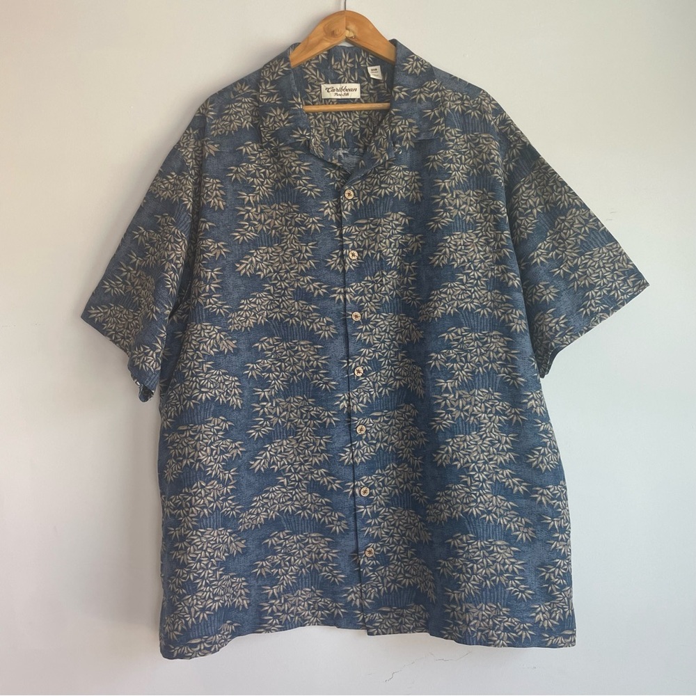 Caribbean Pure Silk Hawaiian Leaf Print Button Up Size 2XB‎ Short Sleeve Beach